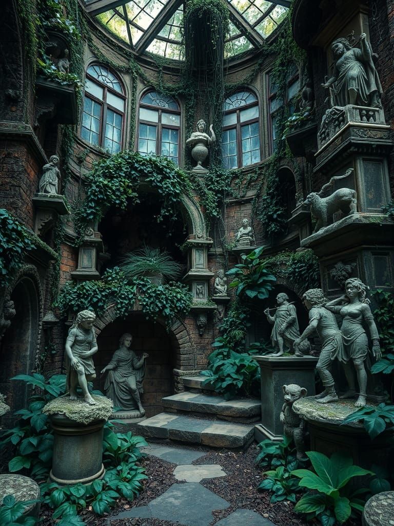 Mysterious Overgrown Garden with Stone Sculptures