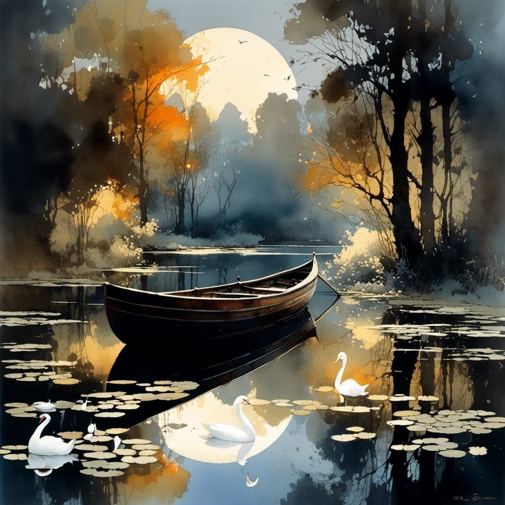 Moonlit Lake with Swans: Intricate Watercolors