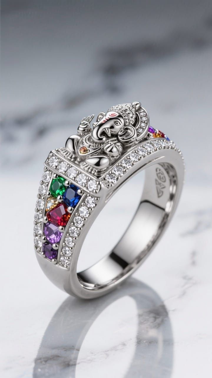 Luxury Platinum Ring with Ganesha Idol in Ultra-Realistic De...