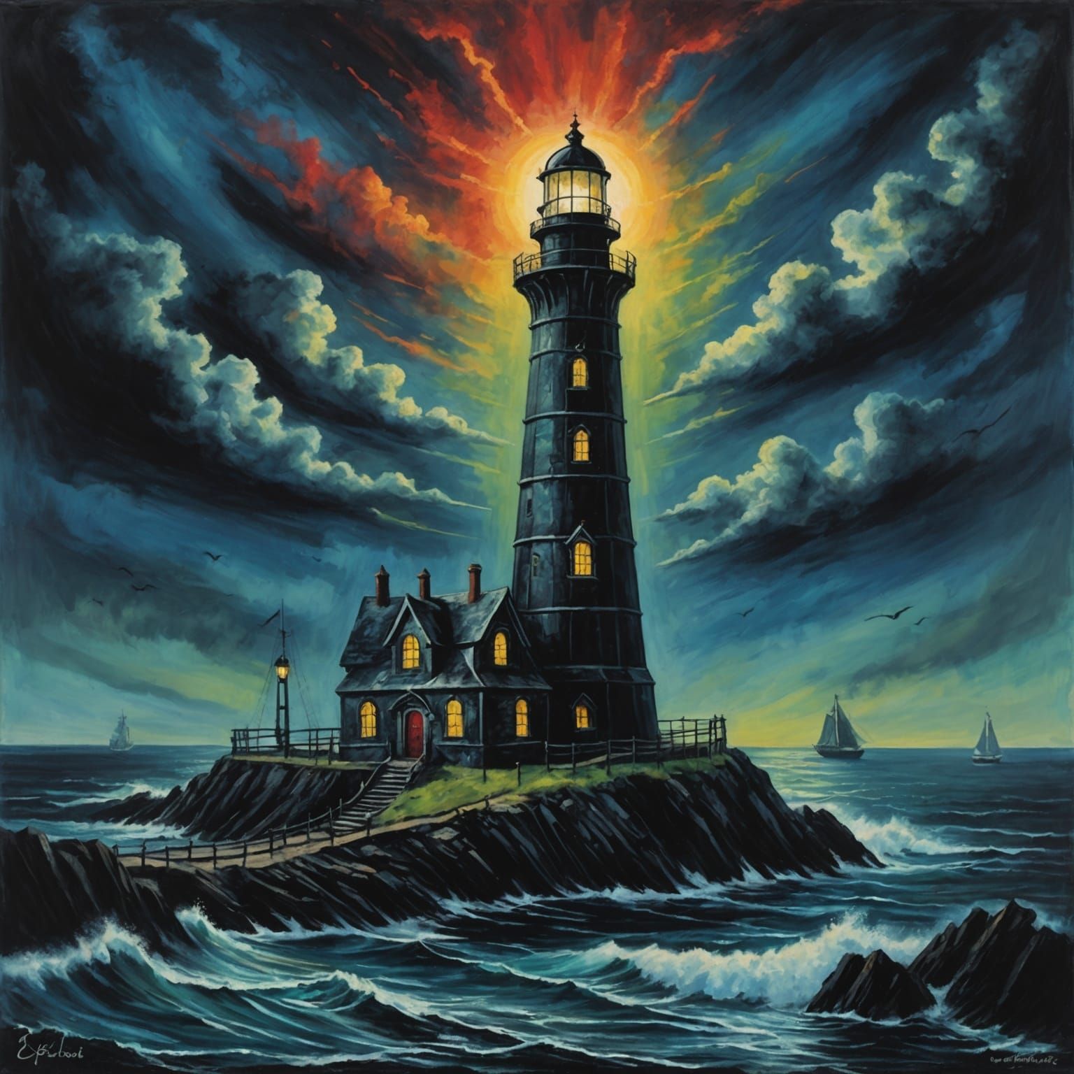 Gothic Lighthouse Guides Underworld Ships: Oil Pastel Art