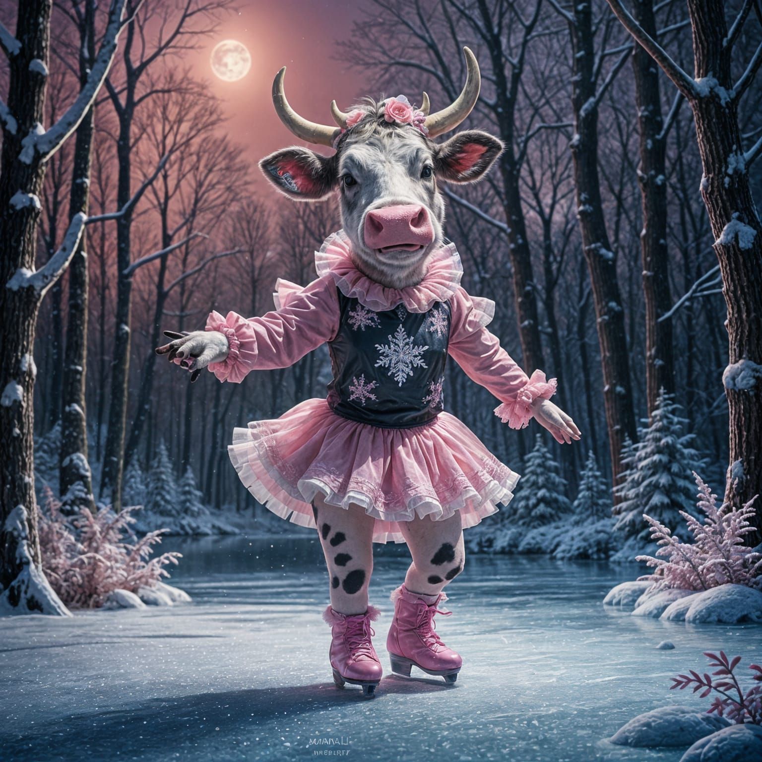 Whimsical Cow in Pink Ballet Tutu Skates on Frozen Lake