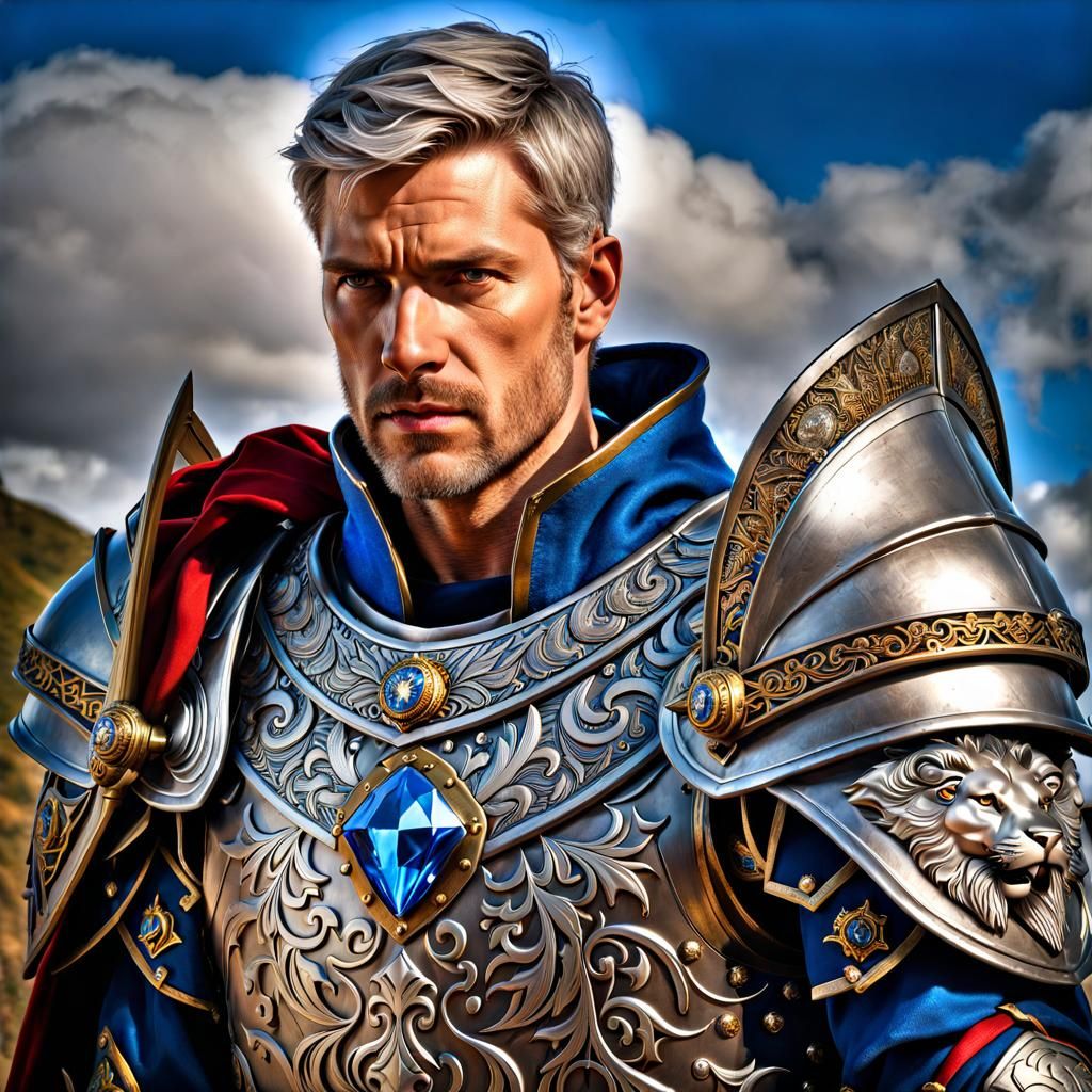 Regal Knight in Silver Armor with Lion Emblems