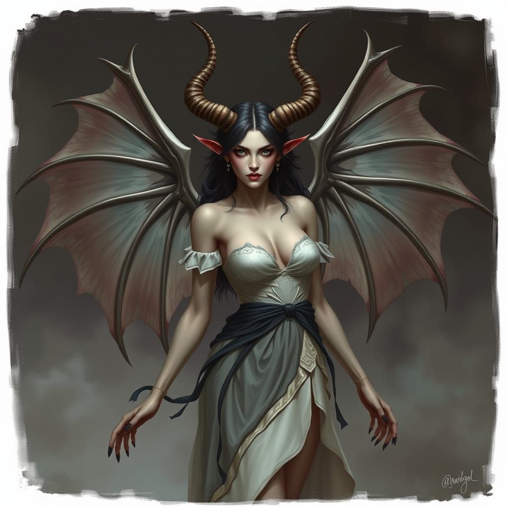 Majestic Horned Demon Soars on Great Wings