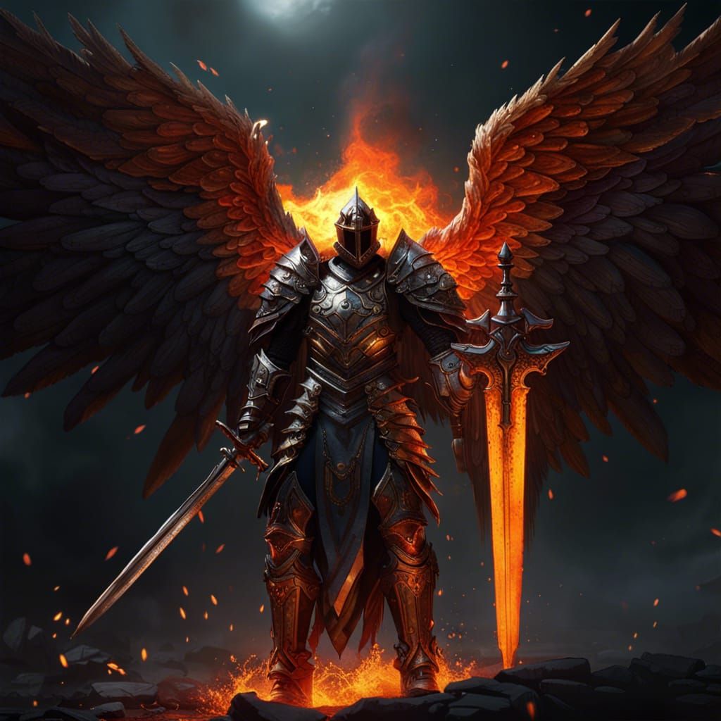 Knight with Angel Wings and Fiery Sword