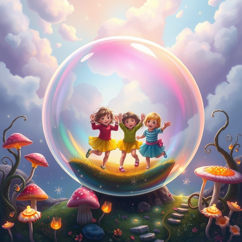 Children Play in Bubble in Dreamlike Magical Forest