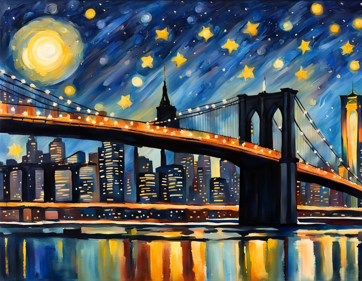 Brooklyn Bridge at Night in Gouache Style