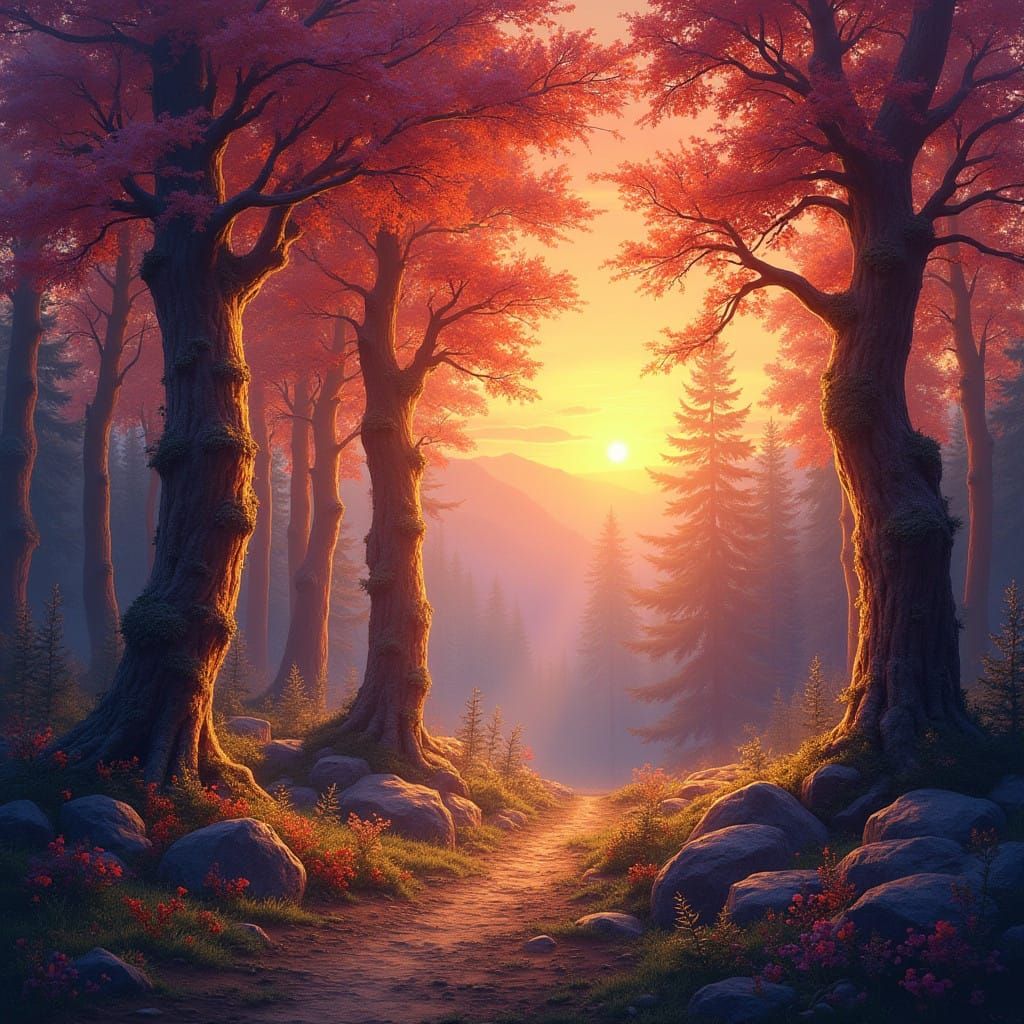 Regal Crystal Forest at Dawn, in Meticulous Brushwork