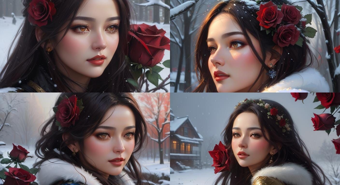 Woman in Snow with Roses, Afremov Style