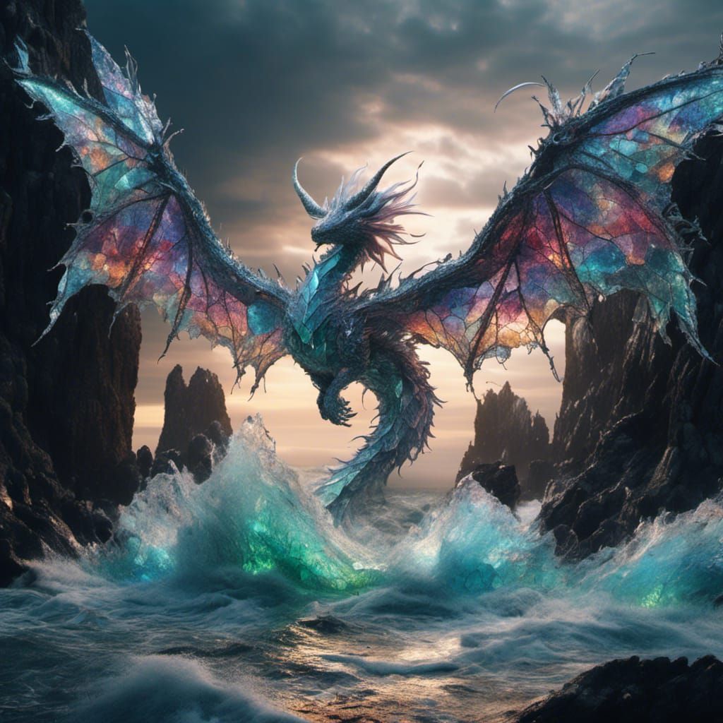 Iridescent Glass Dragon Flying Over Stormy Sea