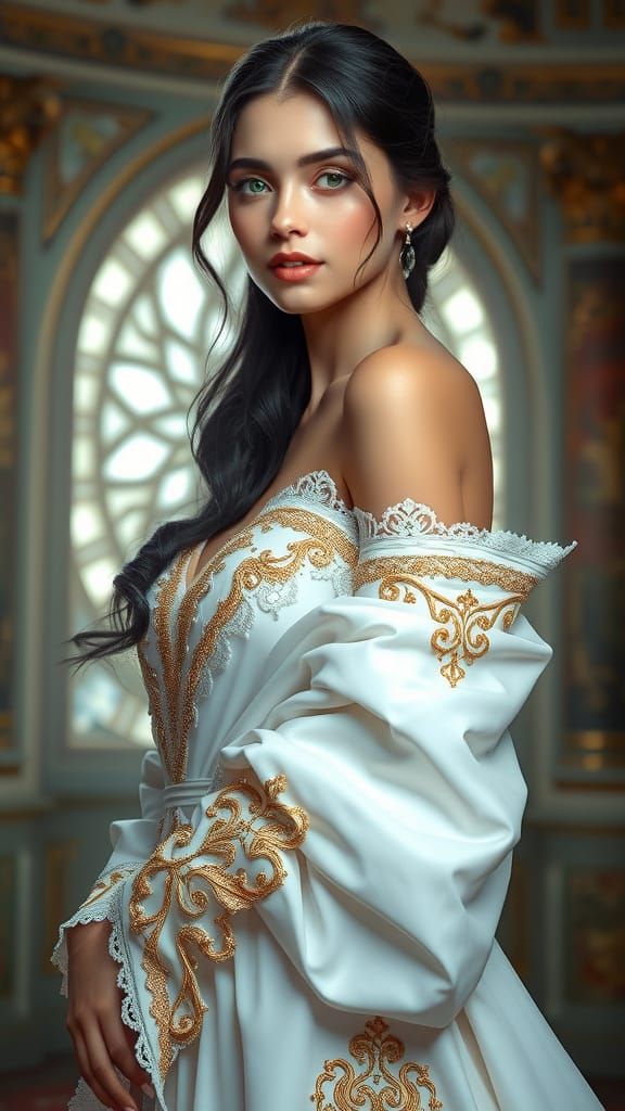 Enchanting Art Nouveau Beauty in Resplendent White Gown