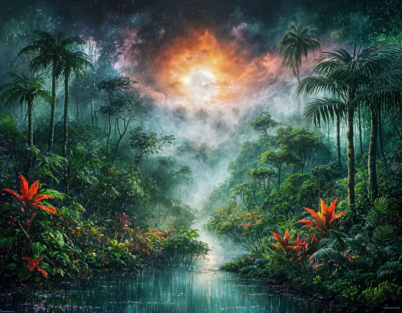 Mystical Rainforest Sunset Illuminated by Blood Moon