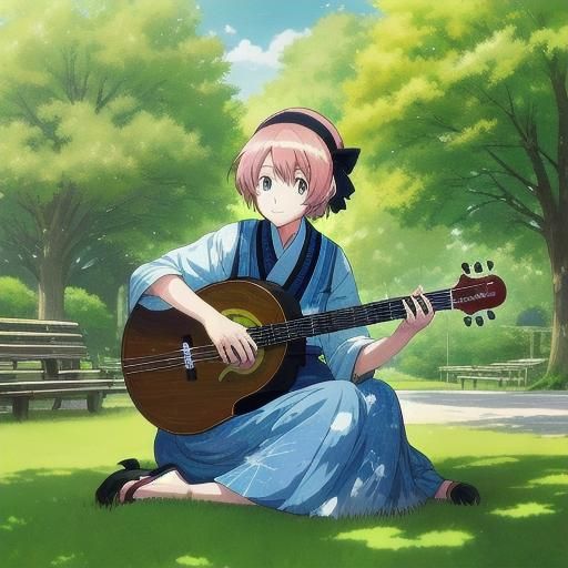 Old Lady Playing Banjo in Anime Style Park