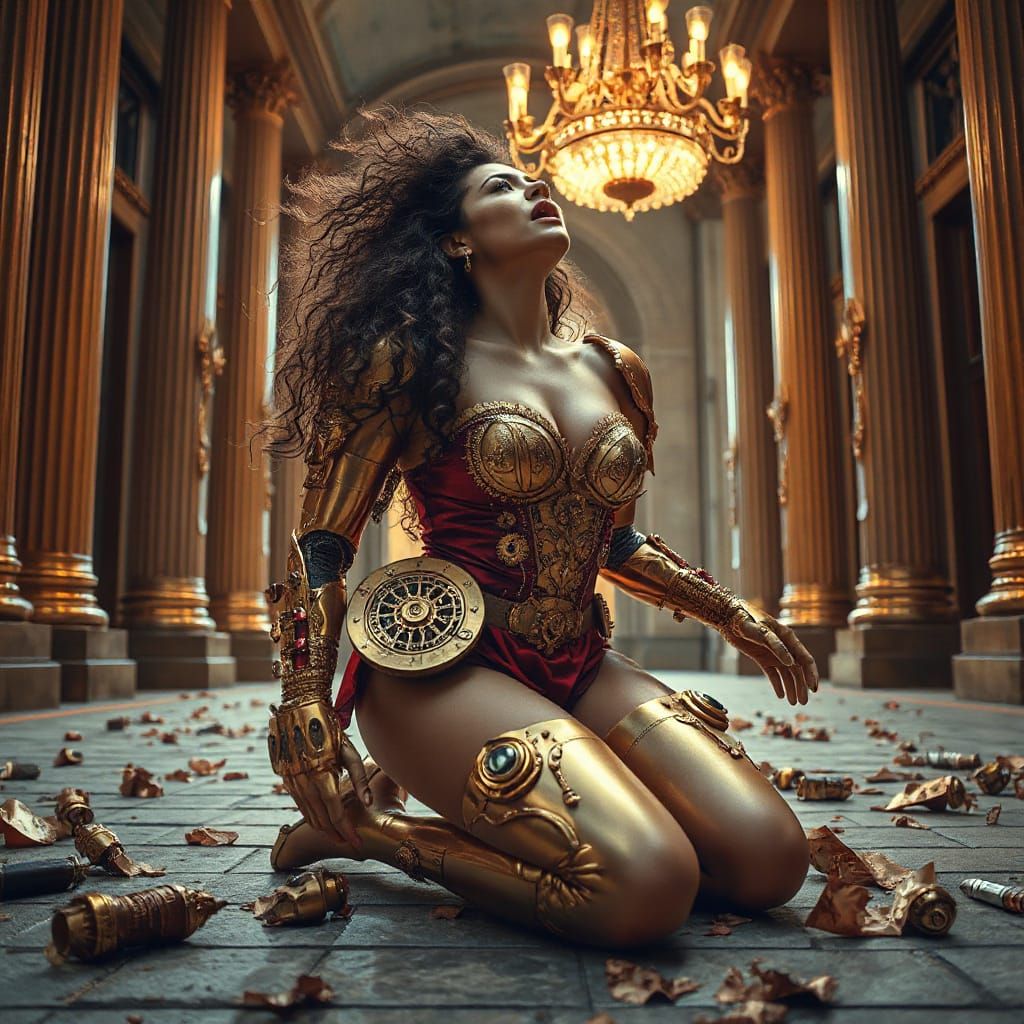 Anguished Cyborg Woman in Opulent Steampunk Hall