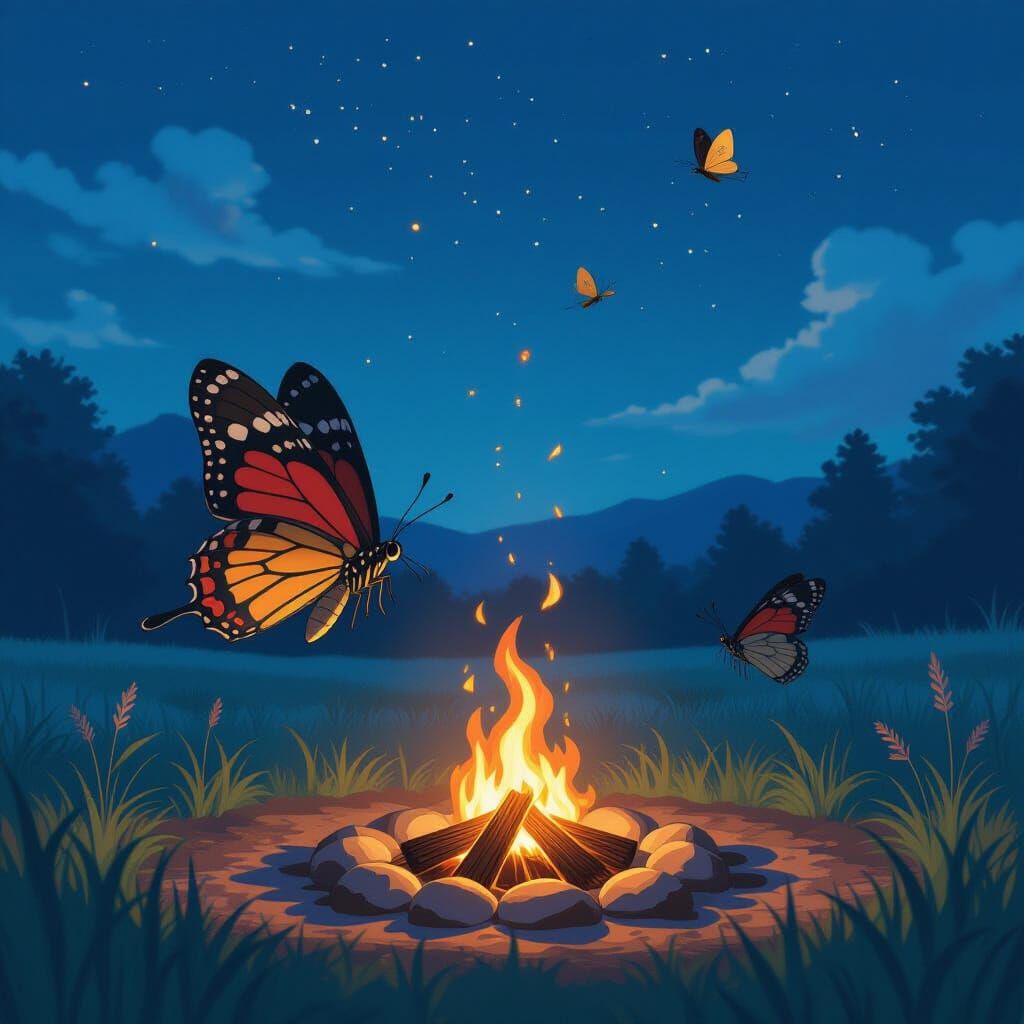 Moth Flying to Campfire in Ghibli Style