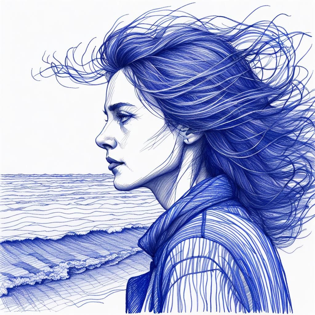 Blue Ballpoint Pen Portrait of Woman by the Sea