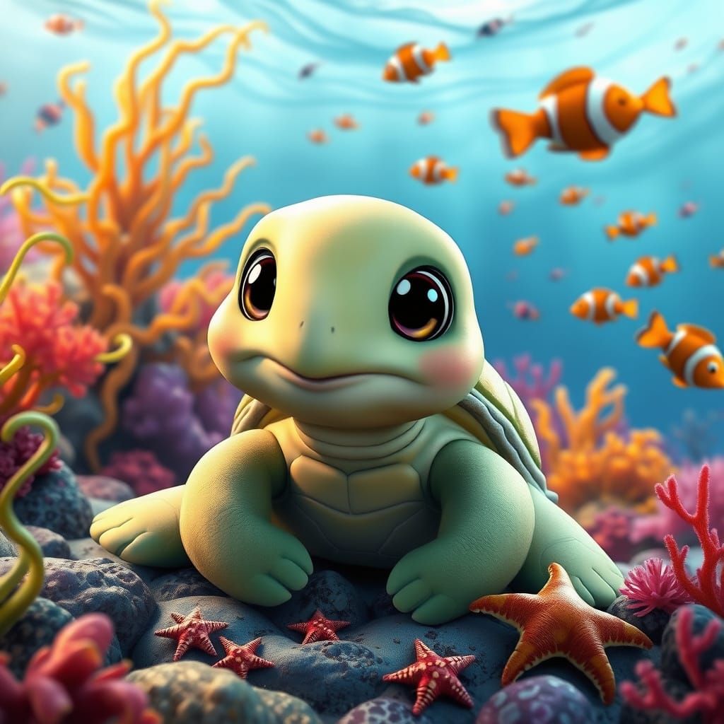 Whimsical Turtle in a Vibrant Ocean Scene