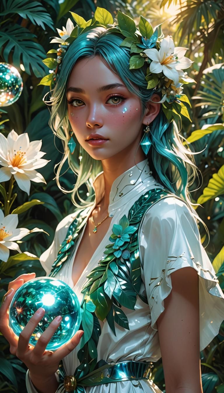 Solarpunk Woman with Orb in Tropical Paradise