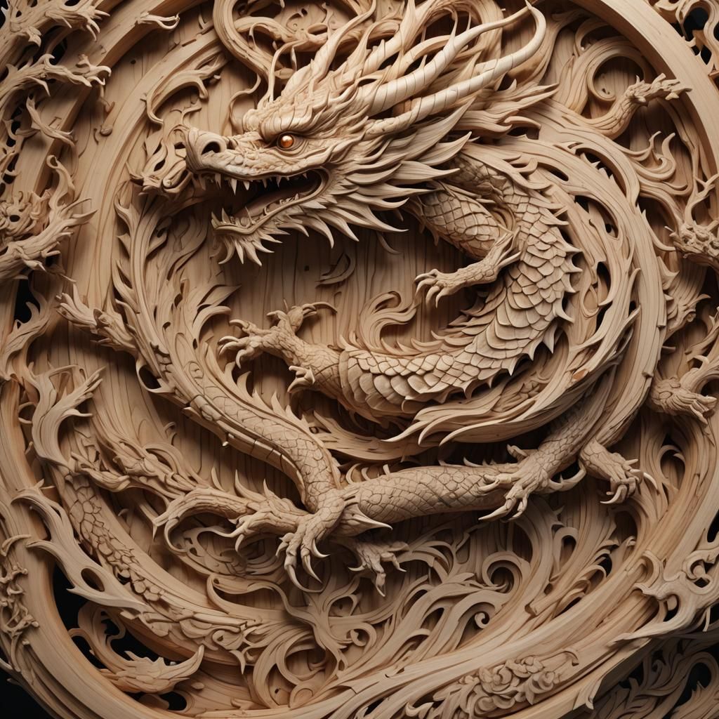 Intricately Carved Japanese Dragon in Anime Style