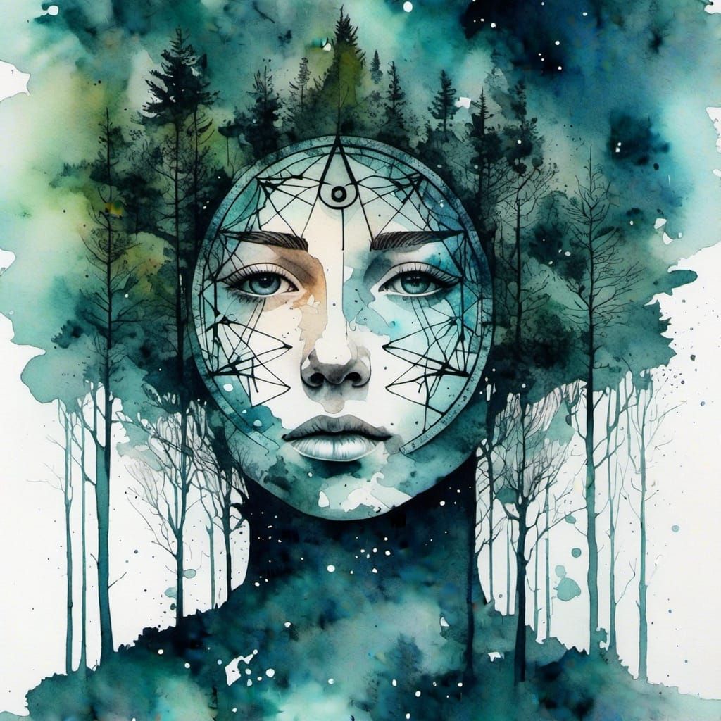 Night Forest Double Exposure in Watercolour