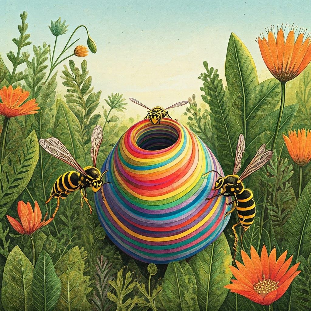 Whimsical Wasps Build Rainbow Paper Nest