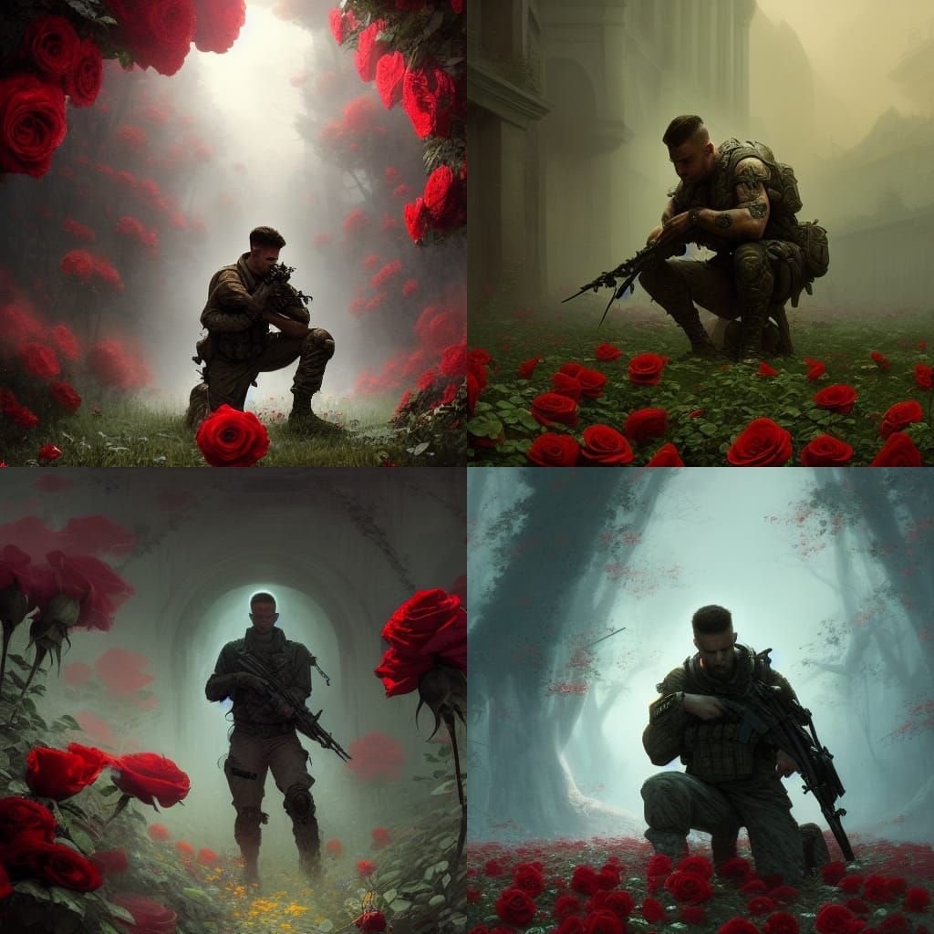 Soldier Kneeling with Roses: Dark Fantasy Art