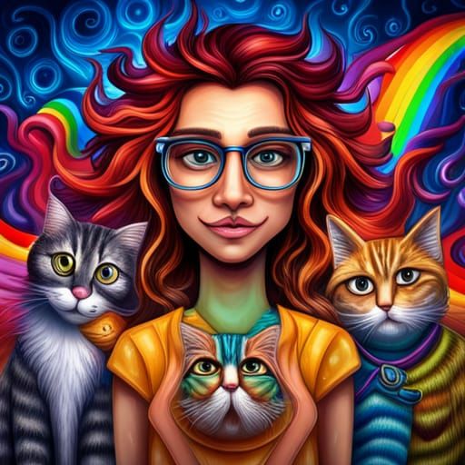 Cartoon Woman Surrounded by Smiling Cats