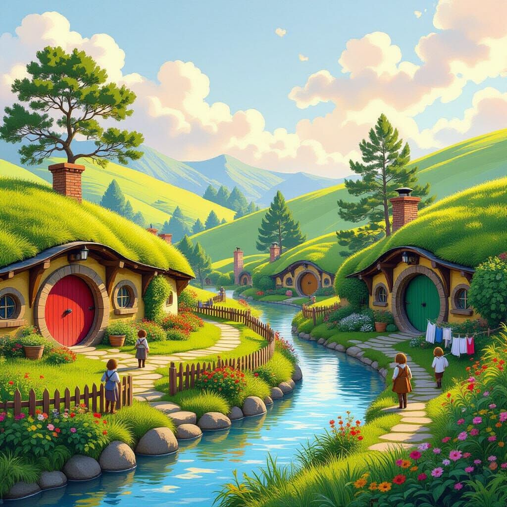 Enchanting Hobbit Village in Ghibli Style