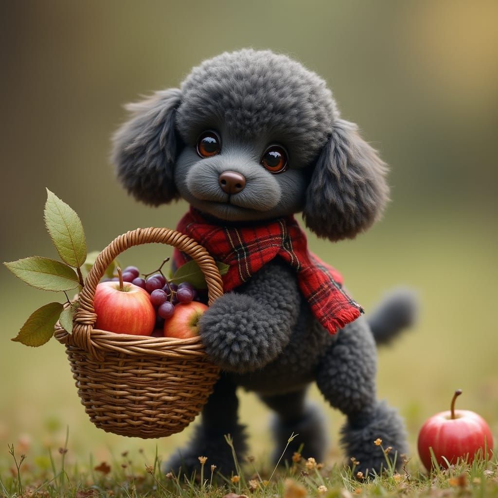 Dark Grey Poodle Carries Fruit Basket in Whimsical Art Nouve...