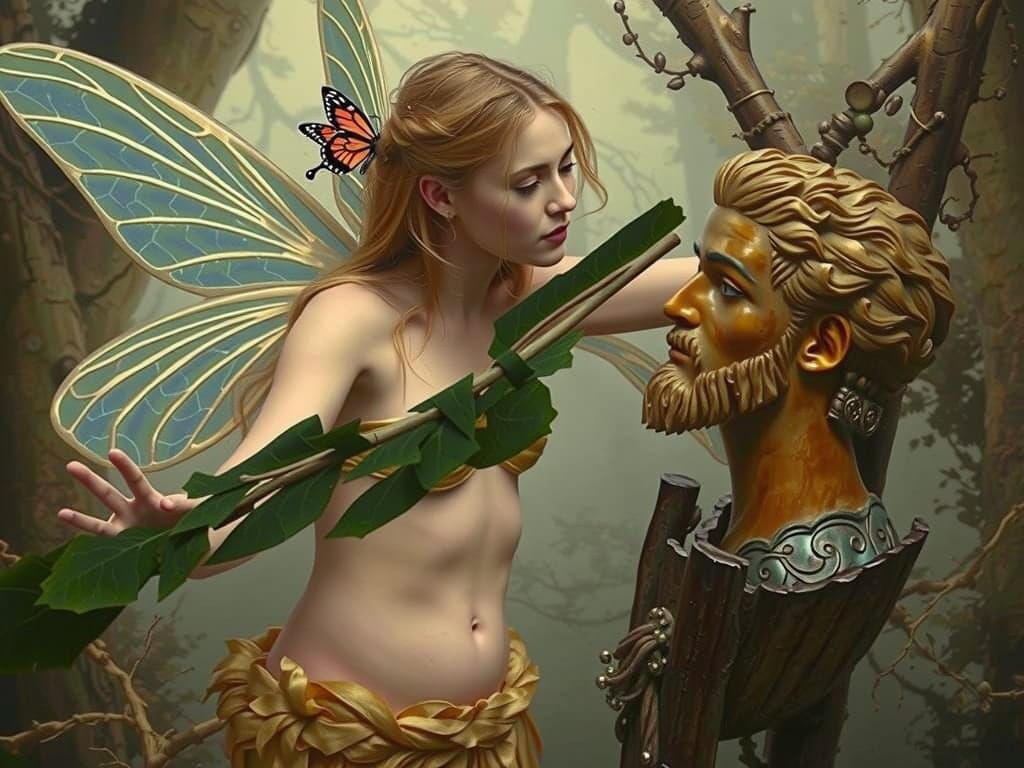 Fairy Woman Beside Carved Wooden Statue
