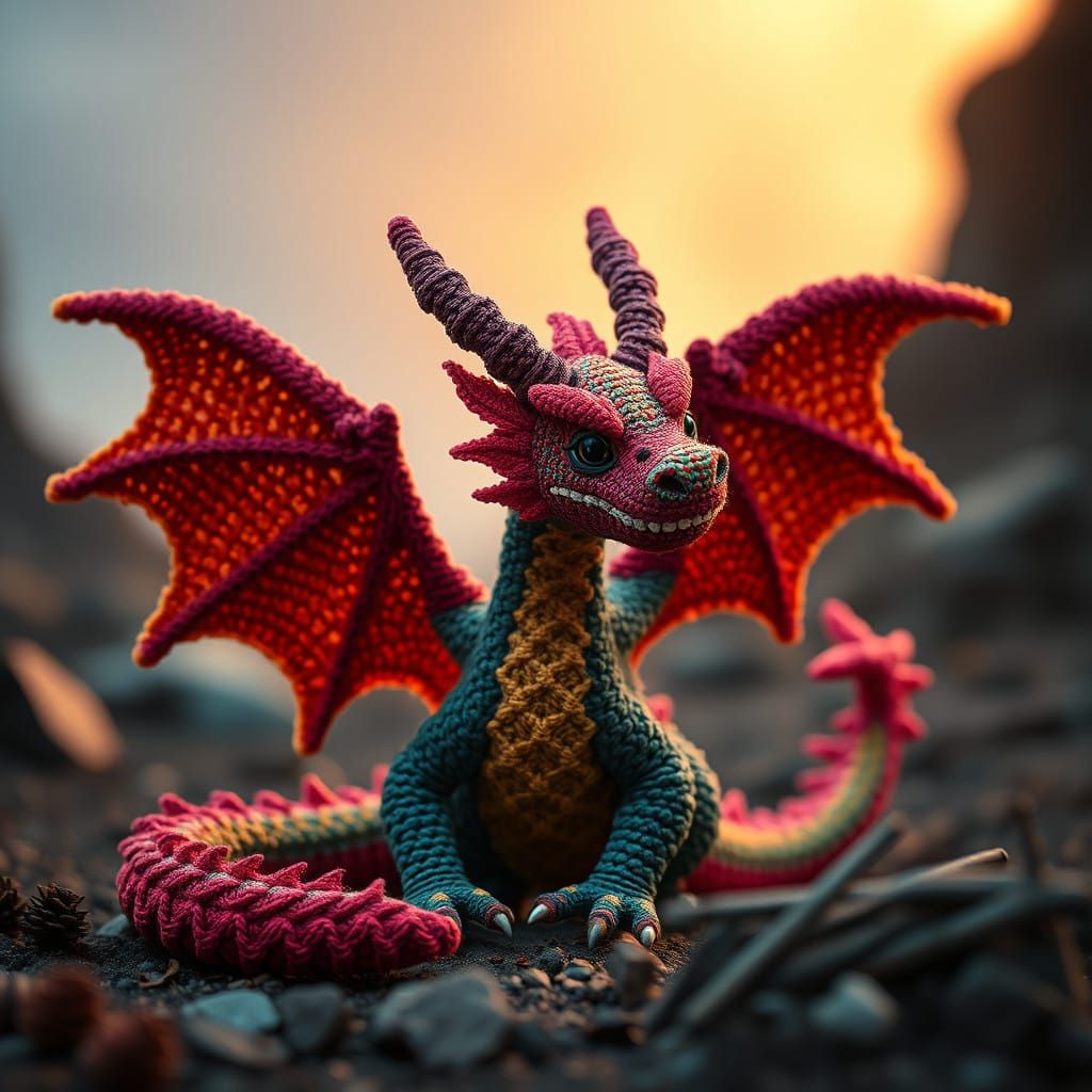 Epic Crochet Dragon in Cinematic Film Still Style