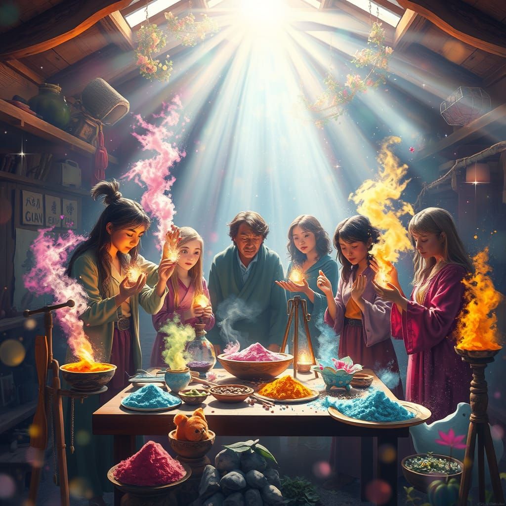 Magical Artists in Zen Garden Lab with Floating Powders