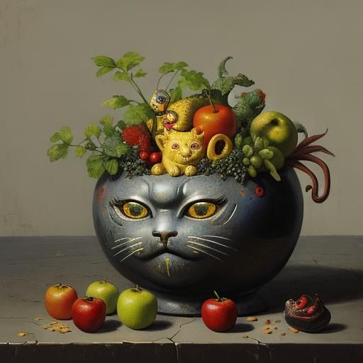 Still Life of Maneki Neko in Dark Fantasy Style