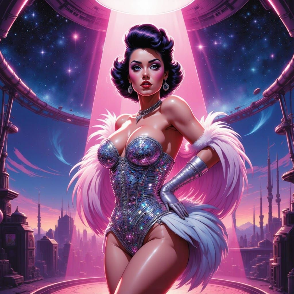 Futuristic Pinup Dancer in Cosmic Neon Glow