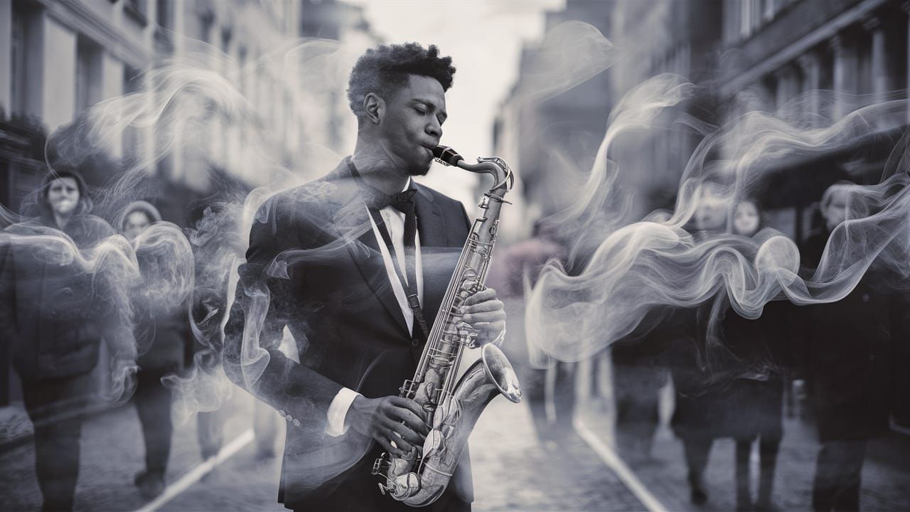 Saxophonist's Double Exposure Performance in Dreamy Urban Sc...