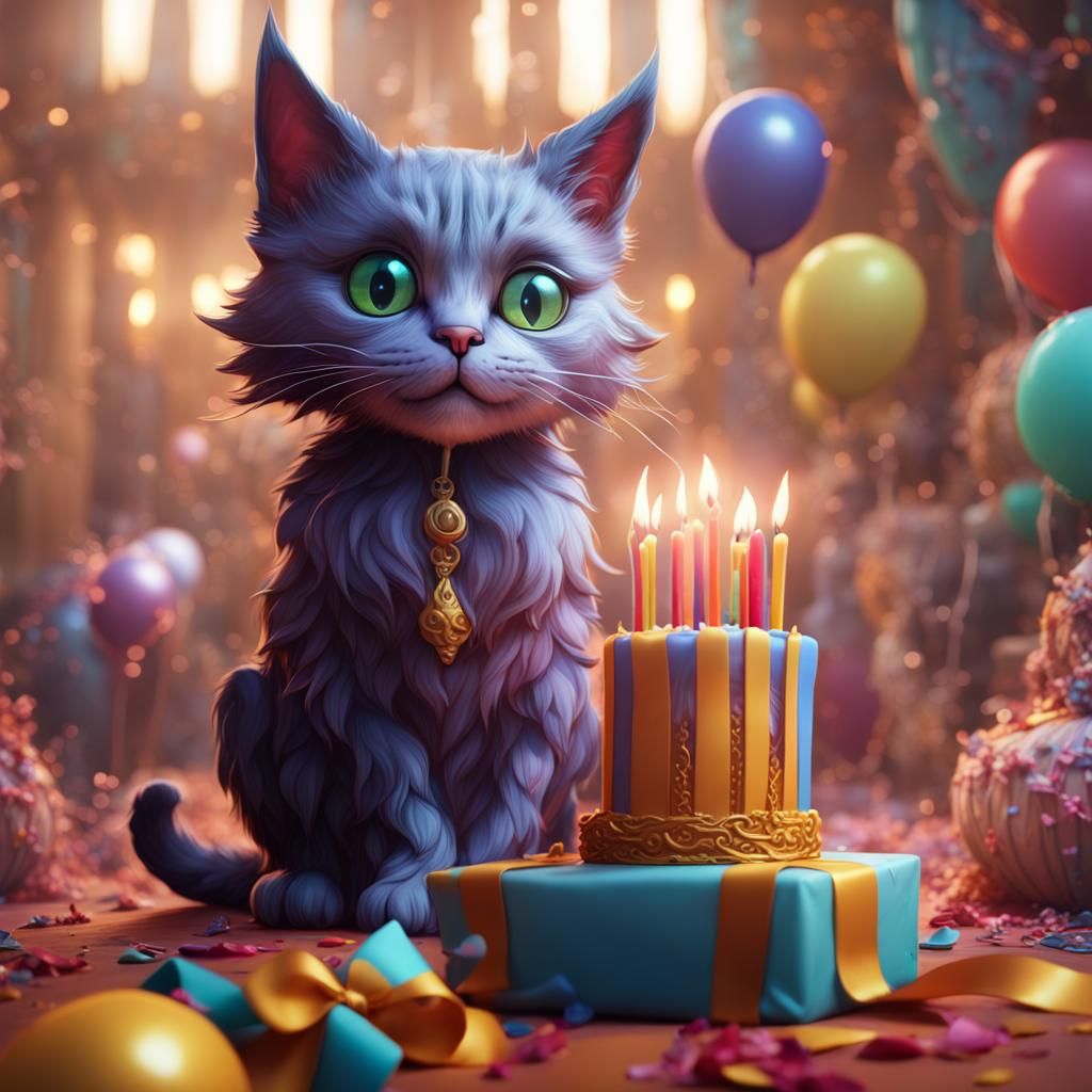 Fantasy Cat Birthday Celebration: Digital Art