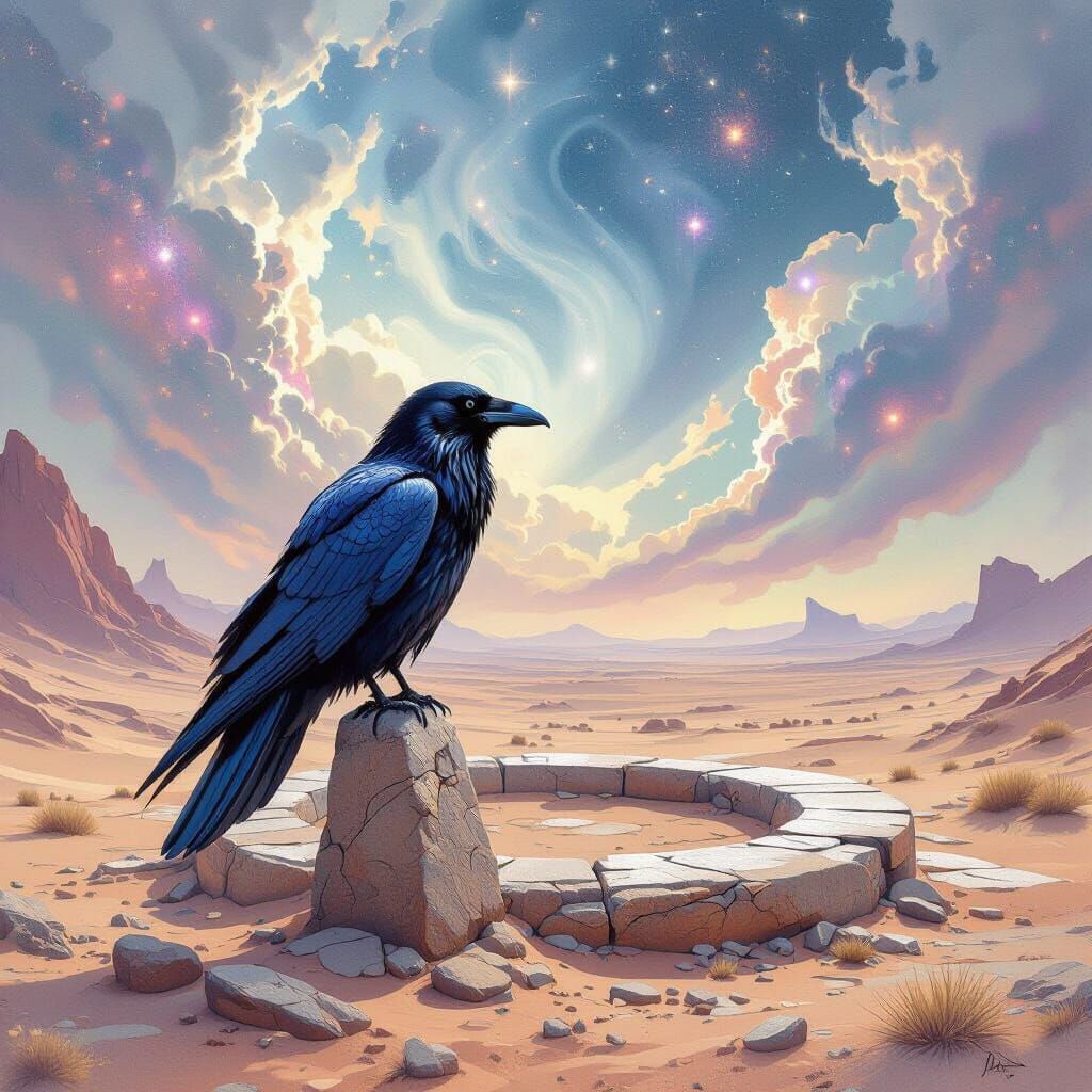 Raven in Alien Desert Landscape, Ash Thorp Style