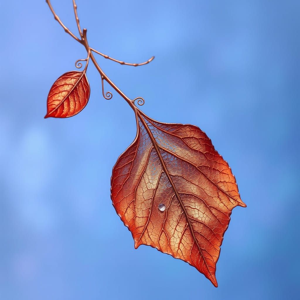 Ethereal Copper Leaf on Iridescent Blue Background