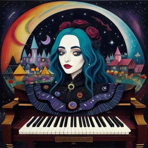 Cute Goth Girl at Piano in Surreal Cubism Style