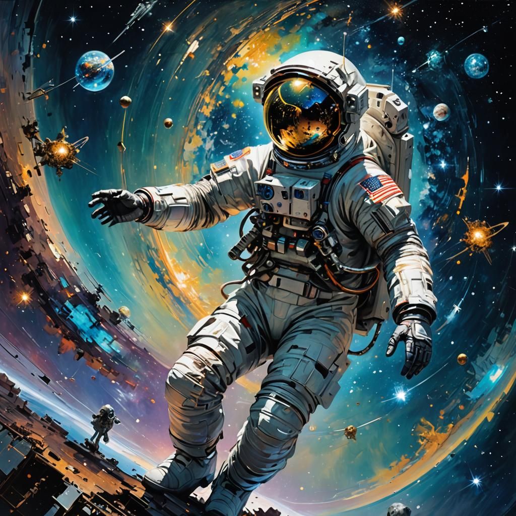 Astronaut Navigating Galaxy with Holographic Map as Fine Art