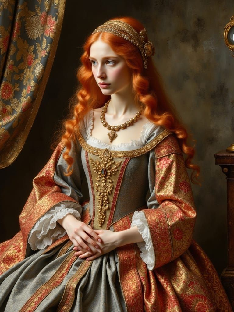 Regal Red-Haired Princess in Opulent Vermeil and Amber
