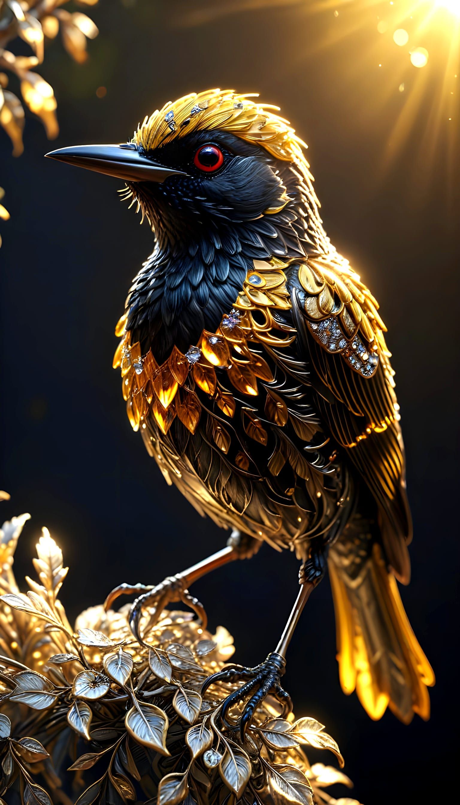 Regal Gold Bird in Splendid Filigree, Shining with Royal Jew...