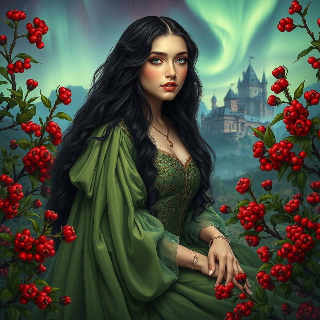 Medieval Maiden in Pre-Raphaelite Aurora Landscape