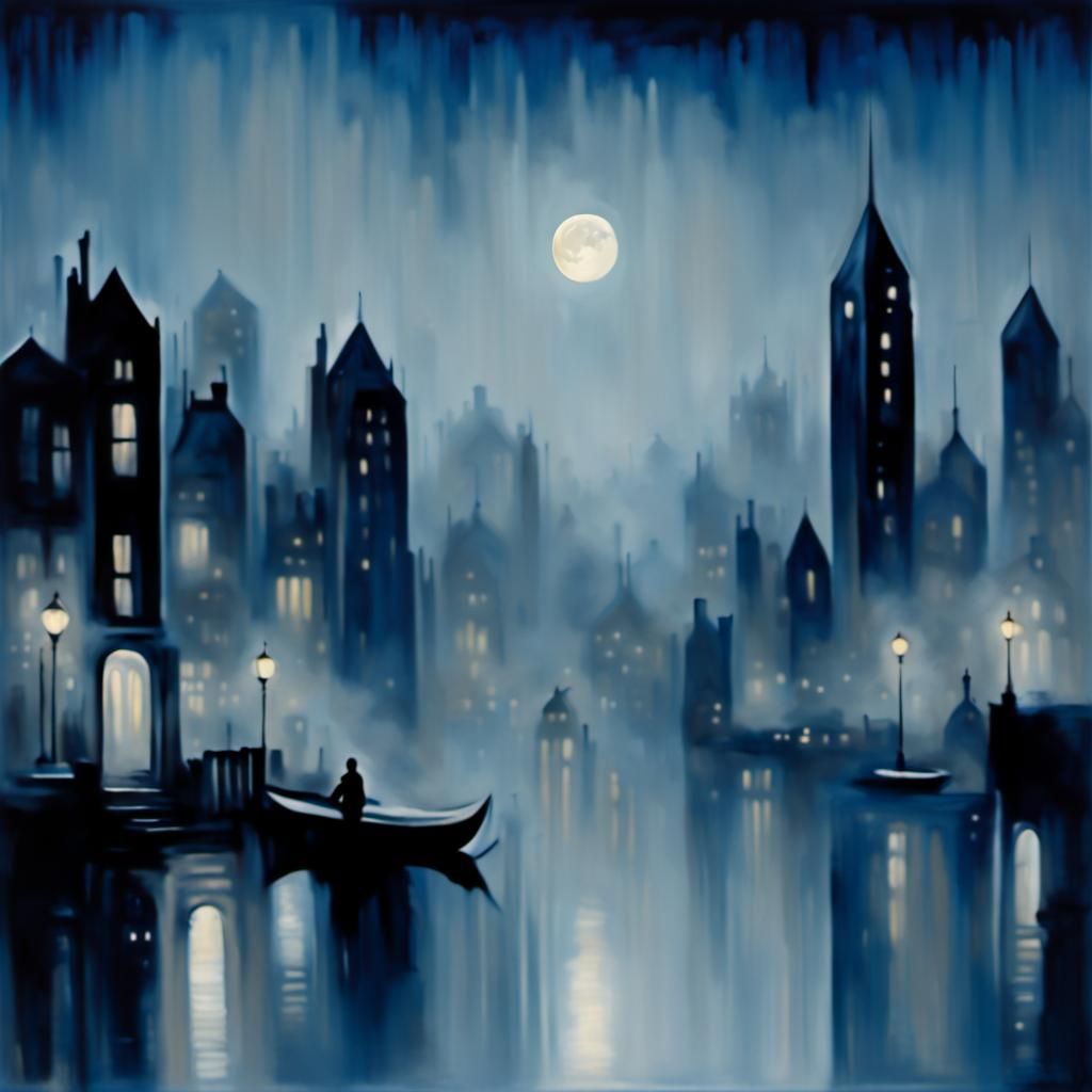 Ethereal Cityscape Nocturne in Dark Blues