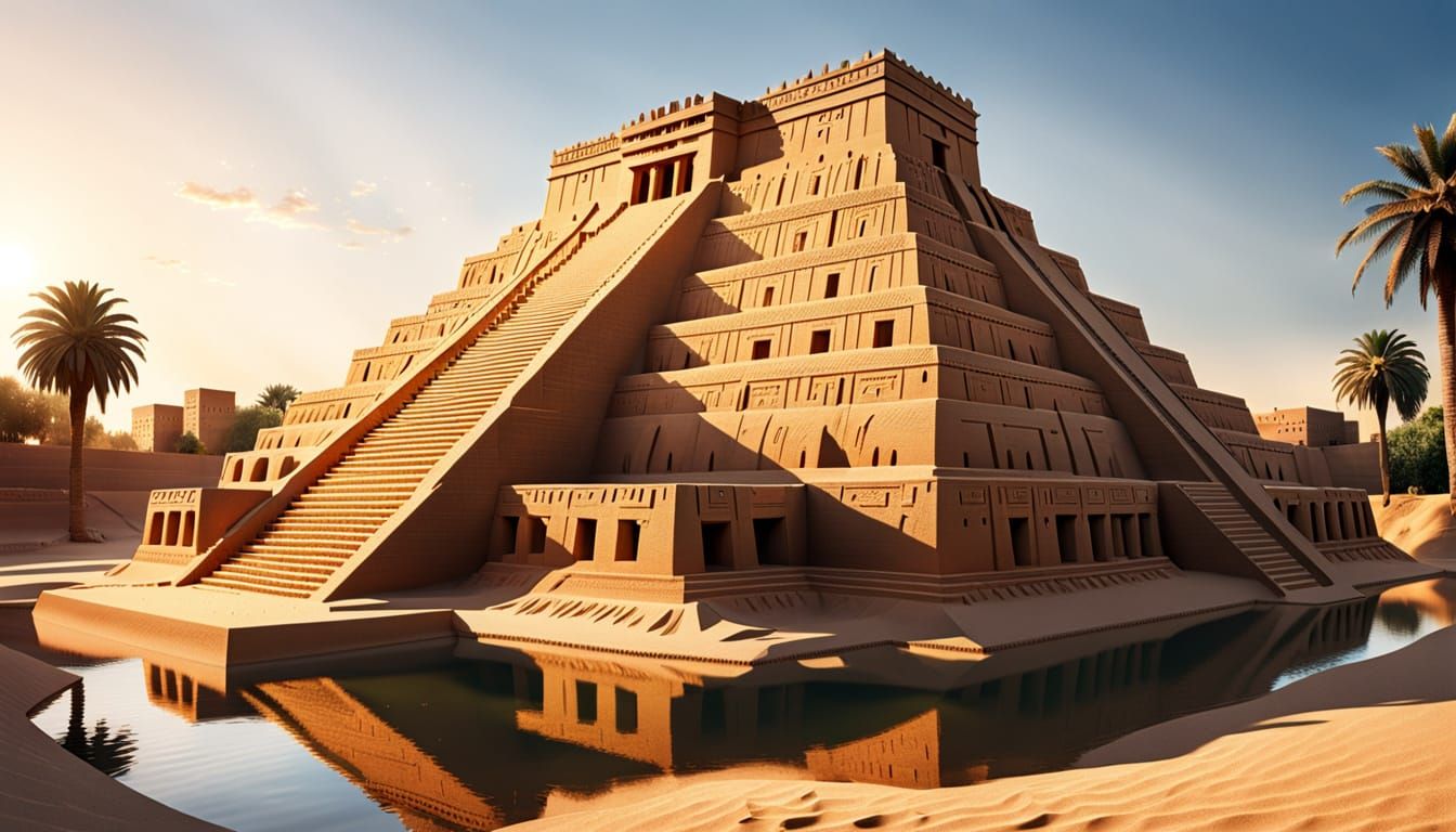 Babylonian Ziggurat Sand Sculpture in Golden Hour Lighting