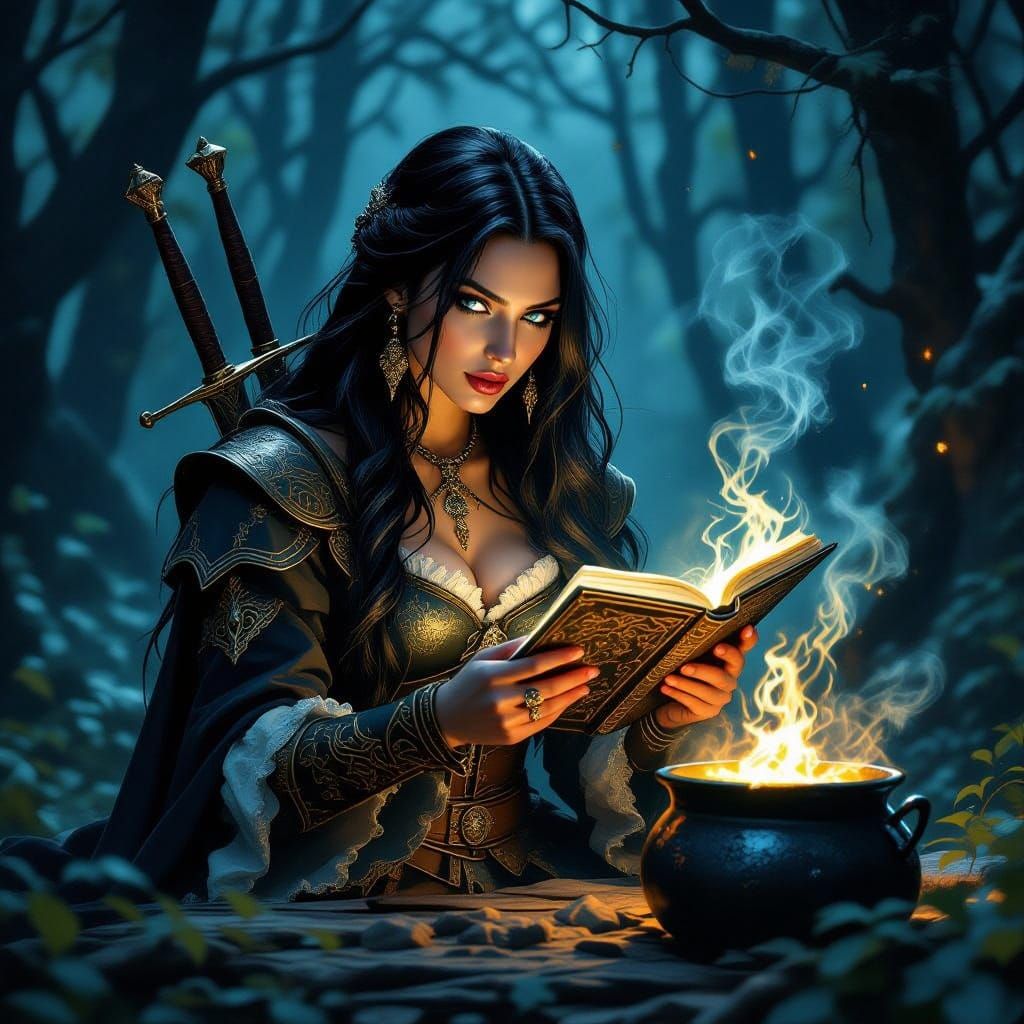 Medieval Sorceress Reading in Moonlit Forest