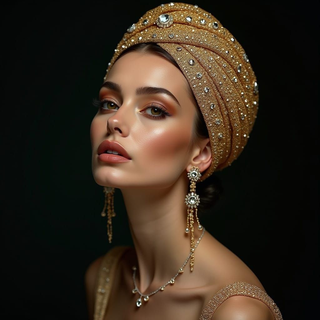 Elegant Woman in Glittering Turban with Star-Studded Eyes