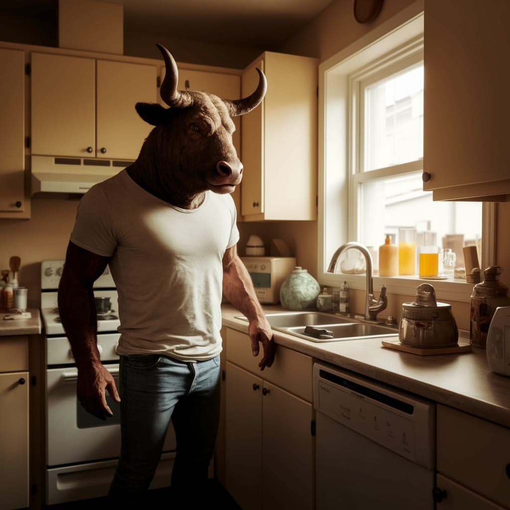 Surreal Minotaur in a Suburban Kitchen
