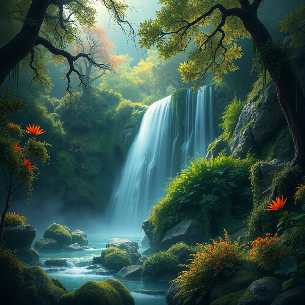 a waterfall surrounded by lush greenery. This stunning landscape showcases the tranquility of nature, making it perfect ...