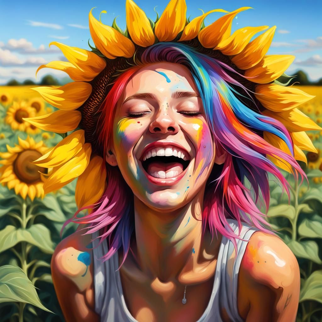 Rainbow-Haired Girl Laughing in Sunflower Field Graffiti