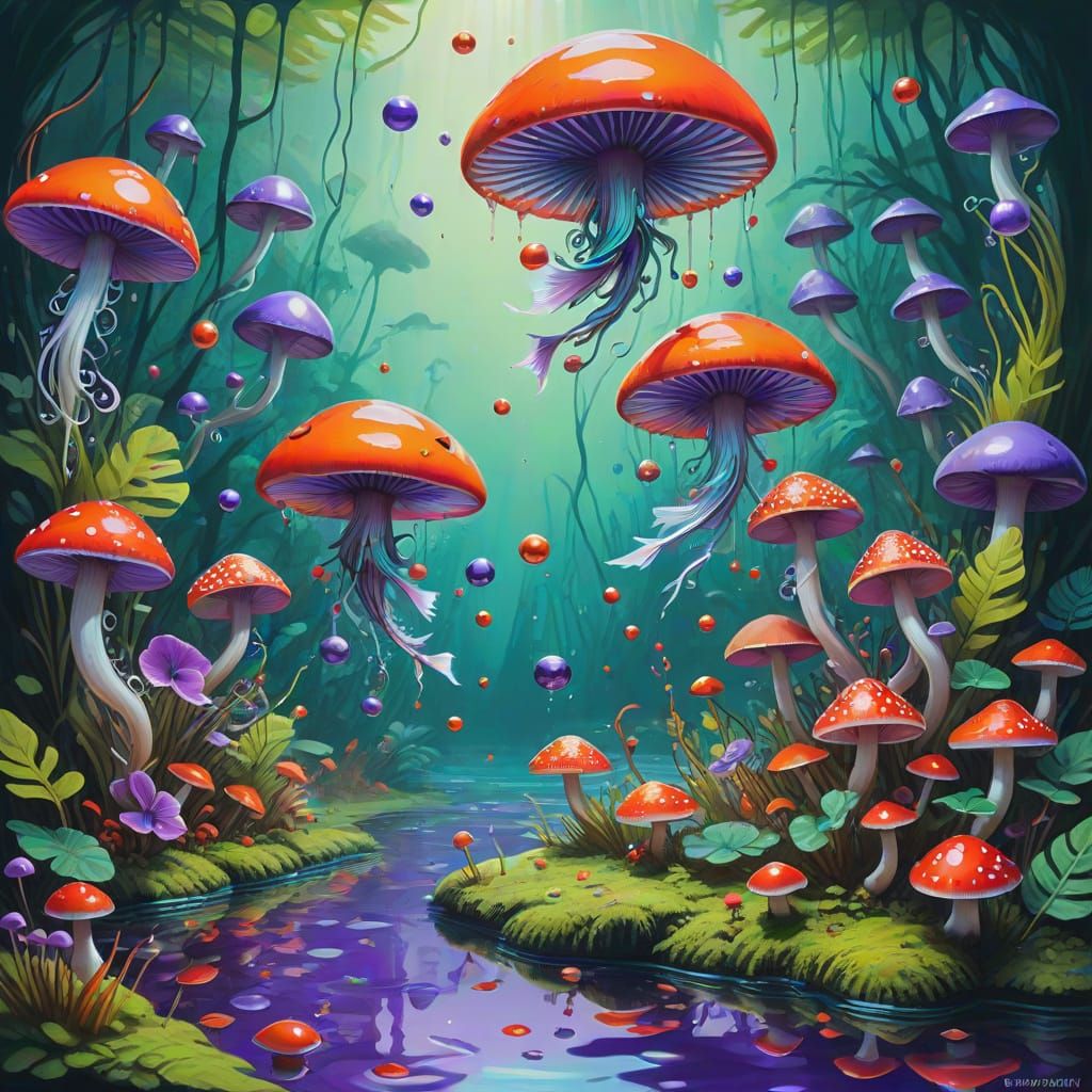 Psychedelic Floating Jungle Island with Spheres